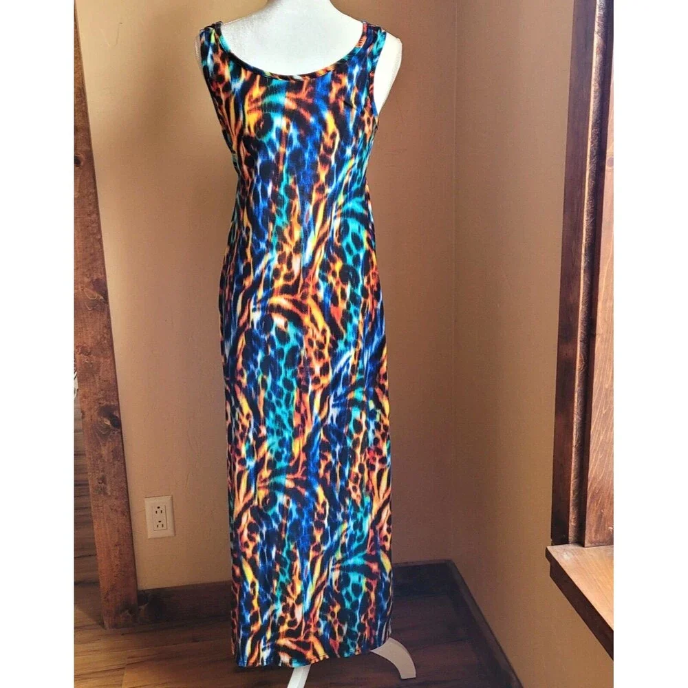 Due Time Maternity Size M Colorful Stretch Sleeveless Scoop Neck Maxi Dress USA